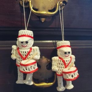 ⭐LAST DAY⭐ 2 Vintage Crochet Starched Soldier Drummer Christmas Ornament